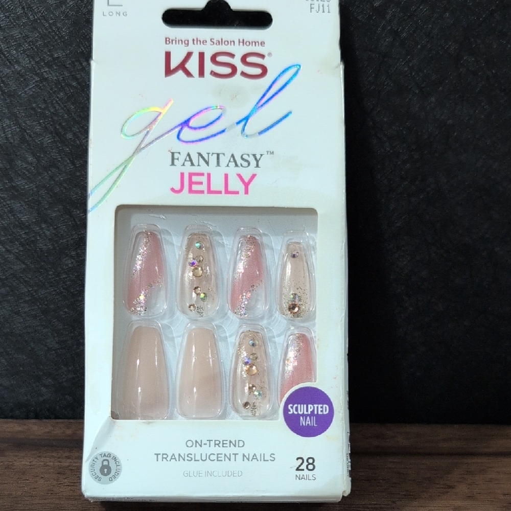 Kiss Gel Fantasy Jelly Long Pink Coffin Press On Nails 28pc